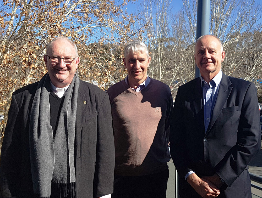 The new Director of Catholic Earthcare Australia, Bernard Holland centre pictured with Fr Stephen Hackett and Caritas CEO, Paul O'Callaghan.