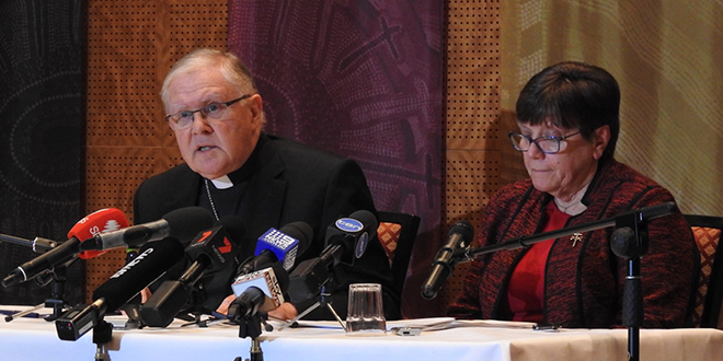 Cavanagh address the media at a press conference on the Church's. Photo: The Catholic Leader.